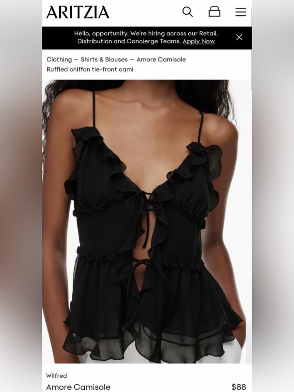 Aritzia Amore Black Ruffled Tie-Front Chiffon Cami